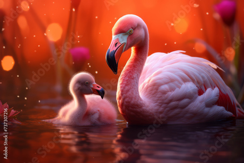 An enchanting scene capturing a mother flamingo with her fluffy chicks during the golden hour, their soft pink plumage glowing against the warm light..