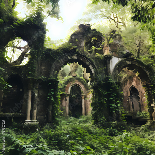 Ancient ruins with vines and foliage reclaiming the structures.