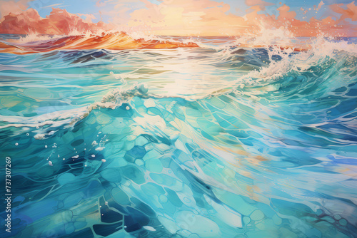 A serene painting that beautifully depicts the calm rhythm of sea waves, flowing in cool shades of blue, evoking a sense of peace and tranquility..