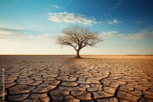 A single tree stands resilient amidst a vast cracked earth terrain, capturing the harsh reality of drought as the sun sets in the background.