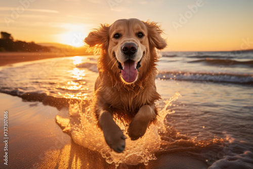 A joyful golden retriever is captured mid-run along the beach, splashing through the waves with a beaming expression, basked in the golden light of the setting sun..