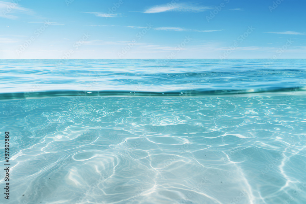 A serene underwater view showing the quiet splendor of the ocean's surface, with sunlight filtering through and illuminating the clear blue waters above the seabed.
A serene underwater view showing the quiet splendor of the ocean's surface, with sunlight filtering through and illuminating the clear blue waters above the seabed.
