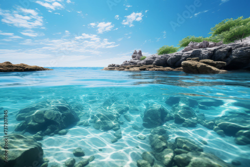 A serene underwater view showing the quiet splendor of the ocean's surface, with sunlight filtering through 