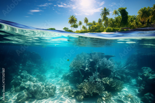 A serene underwater view showing the quiet splendor of the ocean's surface, with sunlight filtering through and illuminating the clear blue waters above the seabed. 