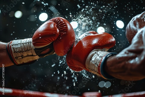 Two boxing gloves hitting each other on a ring in a fight. Boxing and contact sports. © arhendrix