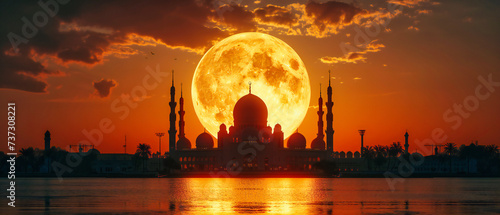 Serene Sunset Behind a Mosque, with the Silhouette Reflecting on Water, Conveying a Sense of Peace and Spirituality in Islamic Culture