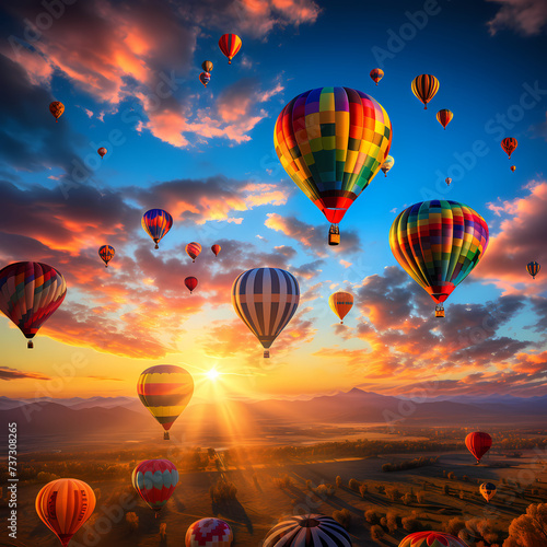 Colorful hot air balloons filling the sky at sunrise