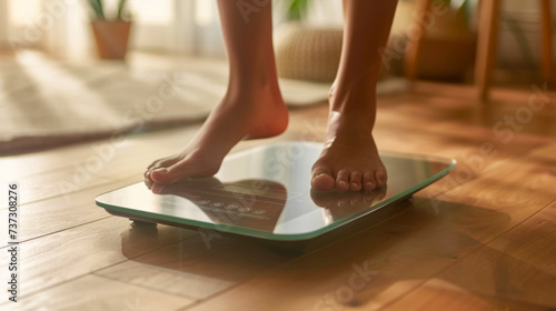 Person Stepping on Digital Bathroom Scale photo