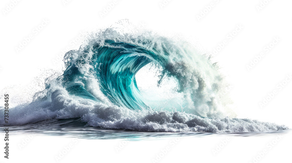 A powerful and towering ocean wave crashes and breaks with incredible force. Isolated