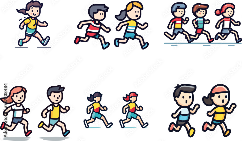 Group diverse children running, playful energetic kids motion. Cartoon boys girls jogging together, fun race. Childhood activity outdoor exercise vector illustration