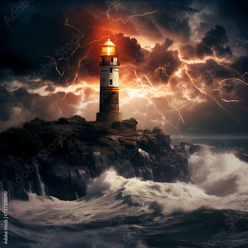 Dramatic lightning storm over a lighthouse on a cliff.