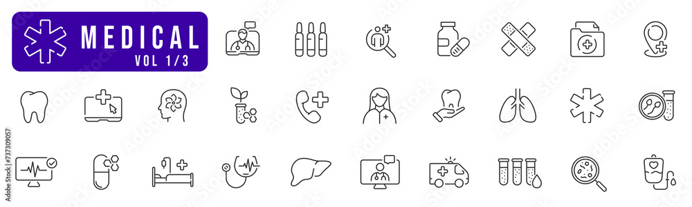 Medical and healthcare line icon set. Pill, heart, cross, doctor, hospital,  etc. Part 1