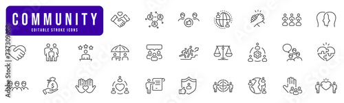 Community line icon set. People, network, together, team, trust, handshake etc. Editable stroke