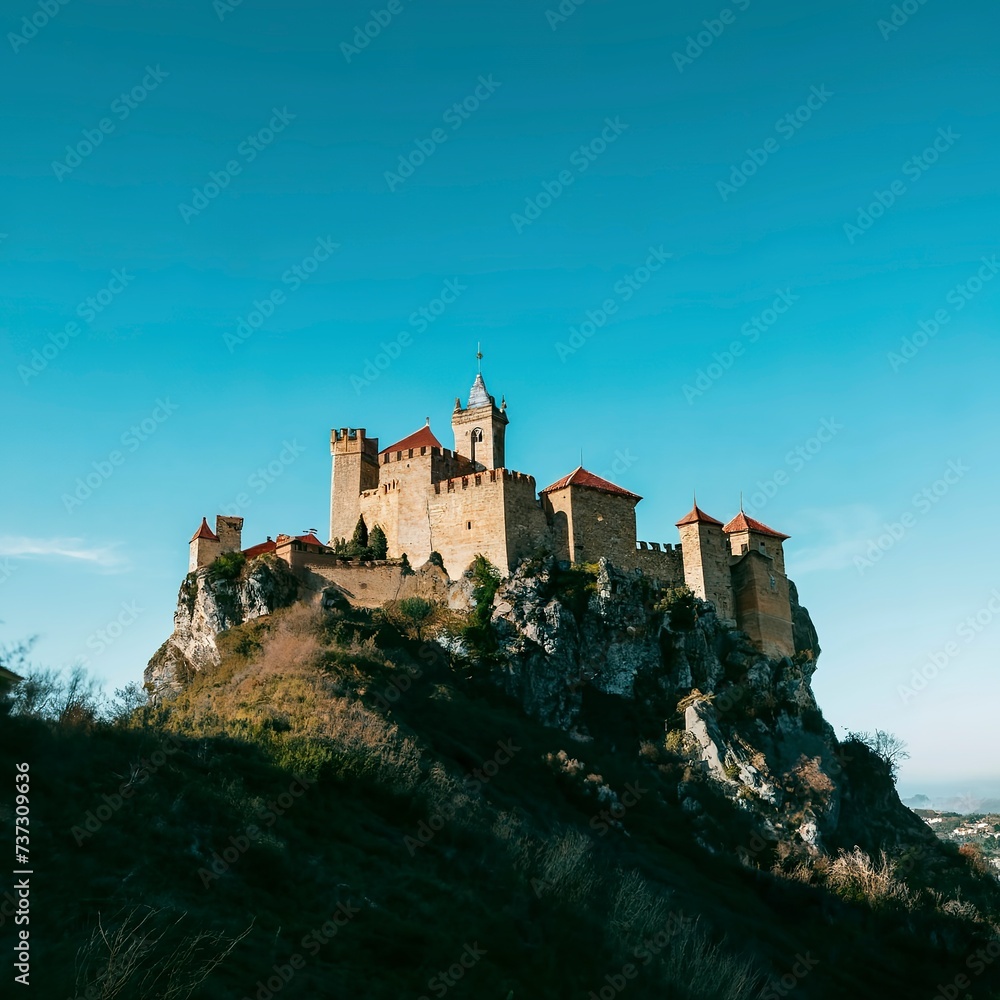 A medieval castle on the top of a hill with tree silhouettes and a clear sky with copy space covadonga