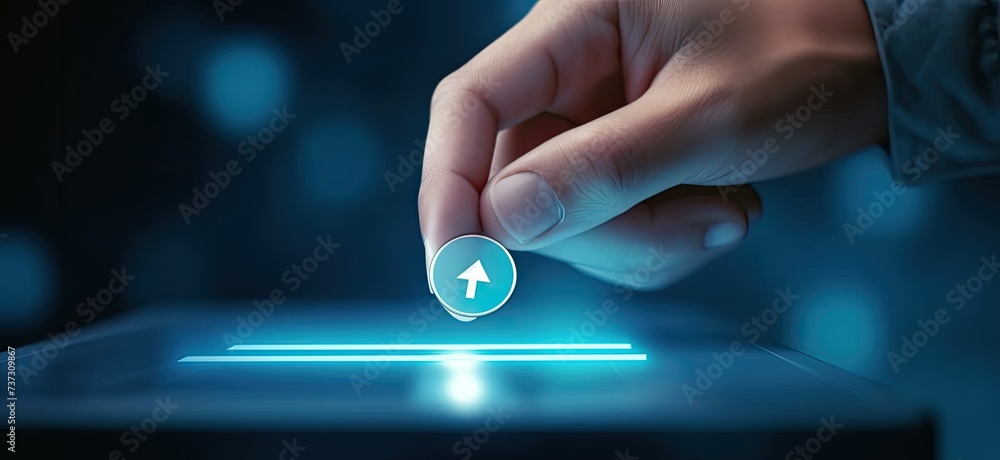 Businessman hand touching glowing correct sign with copy space area for project documents approval concept. - obrazy, fototapety, plakaty 