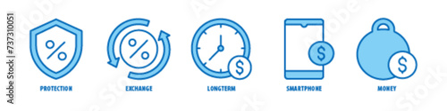 Money, Smartphone, Longterm, Exchange, Protection editable stroke outline icons set isolated on white background flat vector illustration. photo