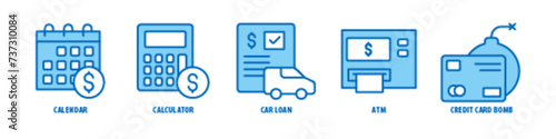 Car Loan, Credit Card Bomb, ATM, Calculator, Calendar editable stroke outline icons set isolated on white background flat vector illustration.