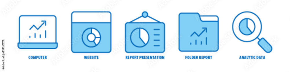 Analytic data, Folder, Report, Report Presentation, Website, Computer editable stroke outline icons set isolated on white background flat vector illustration.
