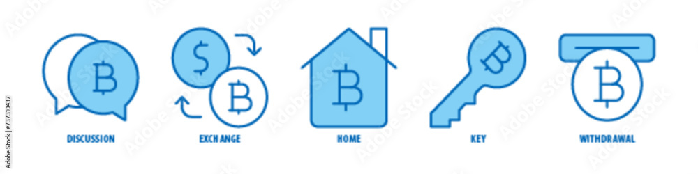 Obraz premium Withdrawal, Key, Home, Exchange, Discussion editable stroke outline icons set isolated on white background flat vector illustration.