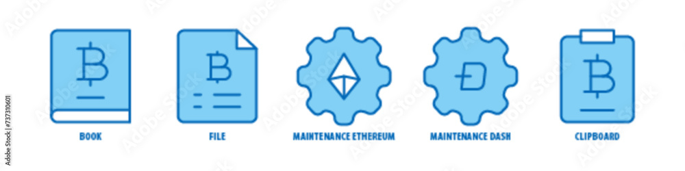 Clipboard, Maintenance Dash, Maintenance Ethereum, File, Book editable stroke outline icons set isolated on white background flat vector illustration. Clipboard, Maintenance Dash, Maintenance Ethereum, File, Book editable stroke outline icons set isolated on white background flat vector illustration.