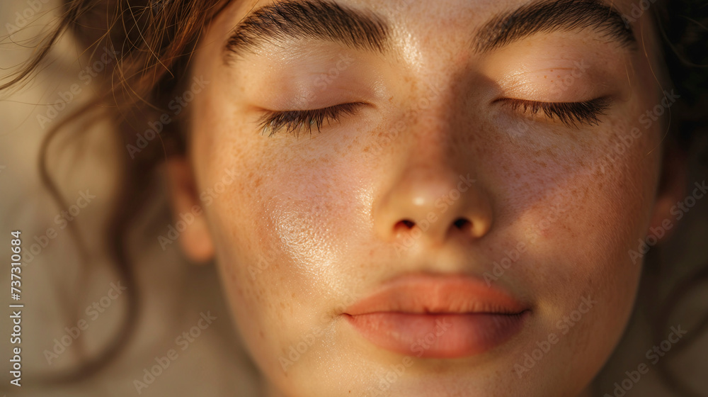 Fotografía de la cara de una chica joven, guapa, en primer plano, con los ojos cerrados, relajada, en momento de meditación - obrazy, fototapety, plakaty 