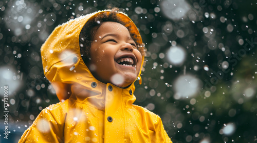 Child Laughing in Yellow Raincoat During Rain Shower