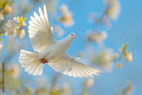 White dove of peace flying in a blue sky. Symbol of peace, no to war.