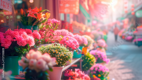 Small business, flower shop and customer service. Outdoor flower market with mimosa, ranunculuses. Flower market with fresh flowers pots for sale. Small business, flower shop and customer service © Shi 