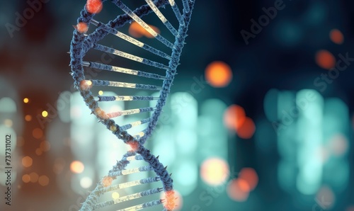 Innovative technology for science and medicine, biomolecule DNA isolated on blue background, image of DNA strand made of light © Yan