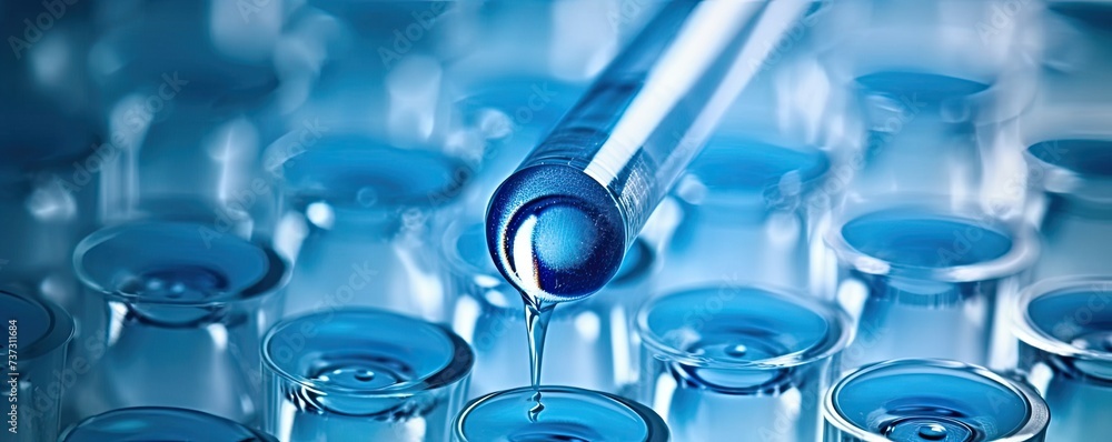 A drop of blue liquid is placed on a test tube for immunosorbent A drop of blue liquid is placed on a test tube for immunosorbent