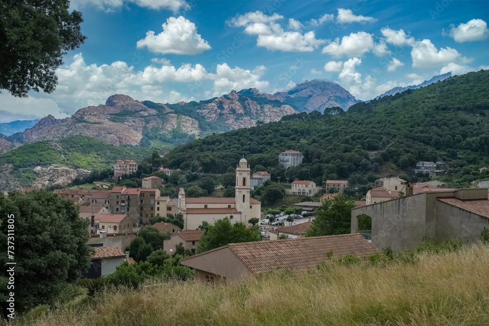 Corsica, Piana, a traditional village, with the sea and creeks in background
