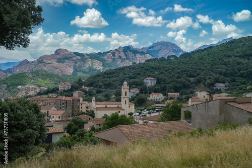 Corsica, Piana, a traditional village, with the sea and creeks in background 