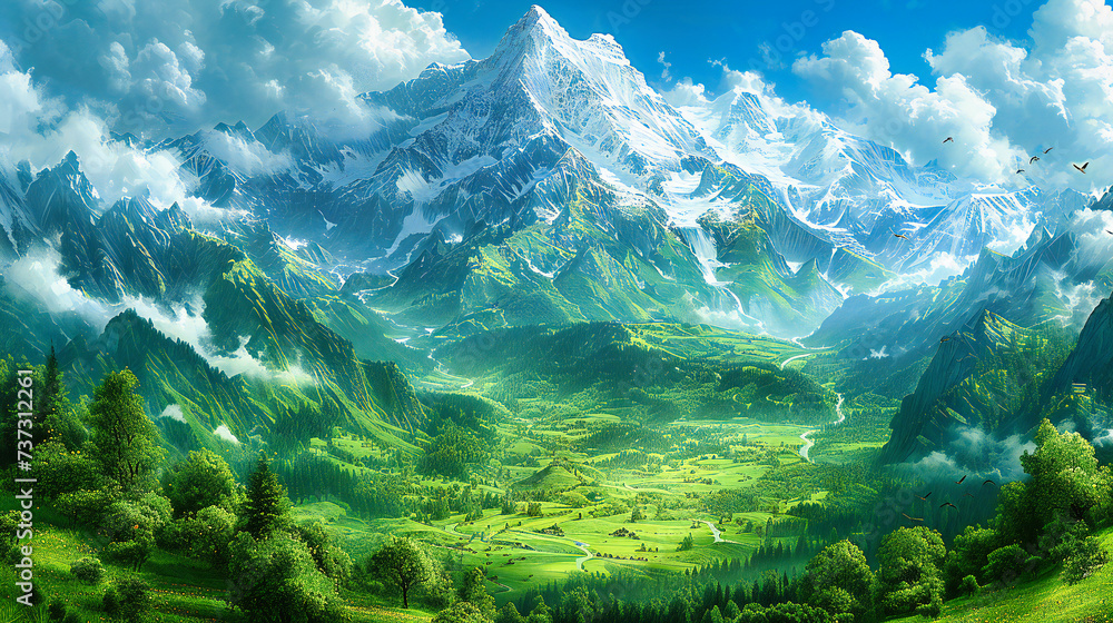 Serene Mountain Valley View, Lush Green Forests and Snowy Peaks, Panoramic Landscape for Hiking and Adventure - obrazy, fototapety, plakaty 