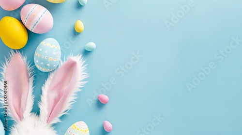 Happy Easter bunny ears on blue background in 3d in high resolution with eggs