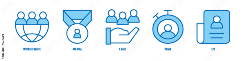 CV, Time, Care, Medal, Worldwide editable stroke outline icons set isolated on white background flat vector illustration. CV, Time, Care, Medal, Worldwide editable stroke outline icons set isolated on white background flat vector illustration.