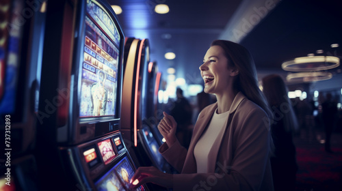 Young beautiful woman extremely happy about winning at slot machines. Luck in casino for this lady. 