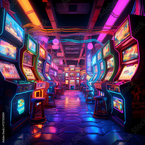 Retro arcade with pixelated games and neon lights.