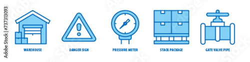 Gate valve, Pipe, Stack Package, Pressure meter, Danger Sign, Warehouse editable stroke outline icons set isolated on white background flat vector illustration.
