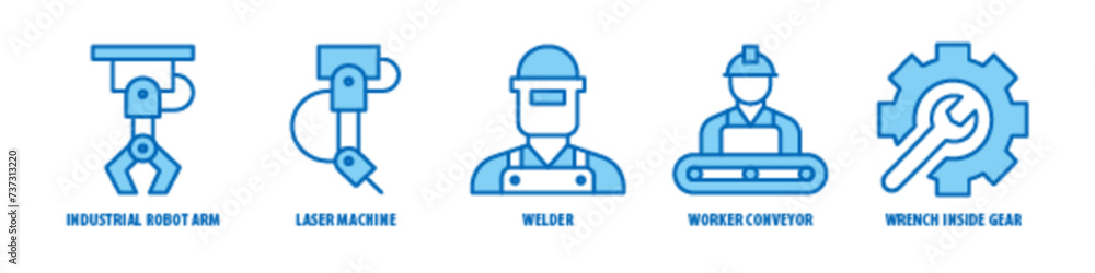 Wrench inside gear, Worker conveyor, Welder, Laser machine, Industrial robot arm editable stroke outline icons set isolated on white background flat vector illustration. Wrench inside gear, Worker conveyor, Welder, Laser machine, Industrial robot arm editable stroke outline icons set isolated on white background flat vector illustration.