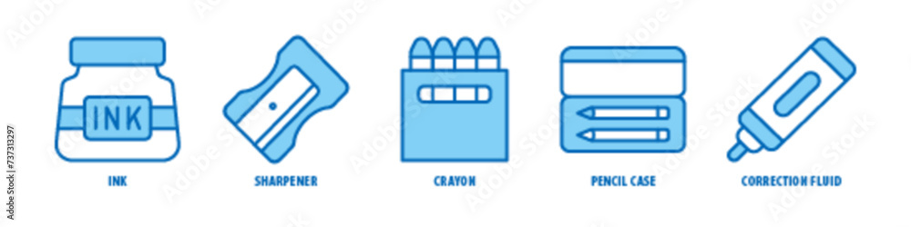 Correction fluid, Pencil case, Crayon, Sharpener, Ink editable stroke outline icons set isolated on white background flat vector illustration. Correction fluid, Pencil case, Crayon, Sharpener, Ink editable stroke outline icons set isolated on white background flat vector illustration.