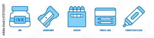 Correction fluid, Pencil case, Crayon, Sharpener, Ink editable stroke outline icons set isolated on white background flat vector illustration.