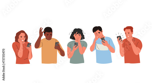 Different young  women and men looking in the smartphone and experiences fear, fright, stress. Flat style cartoon vector illustration.