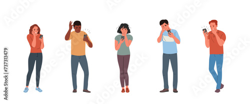 Different young women and men looking in the smartphone and experiences fear, fright, stress. Flat style cartoon vector illustration.