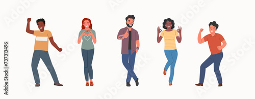 Different young women and men show Yeah positive gesture, approval gesturing. People stand full body. Flat style cartoon vector illustration.