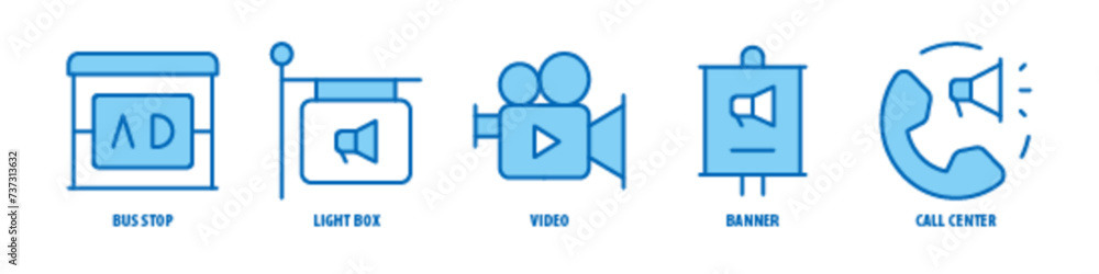 Call Center, Banner, Video, Light Box, Bus Stop editable stroke outline icons set isolated on white background flat vector illustration. Call Center, Banner, Video, Light Box, Bus Stop editable stroke outline icons set isolated on white background flat vector illustration.