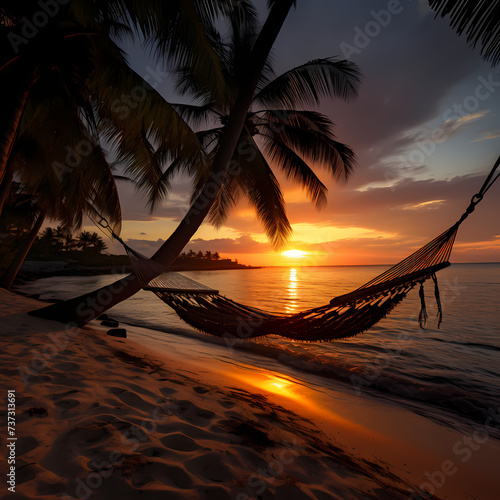 Serene beach sunset with palm trees and a hammock.