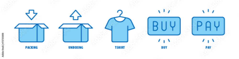 Pay, Buy, T-shirt, Unboxing, Packing editable stroke outline icons set isolated on white background flat vector illustration. Pay, Buy, T-shirt, Unboxing, Packing editable stroke outline icons set isolated on white background flat vector illustration.
