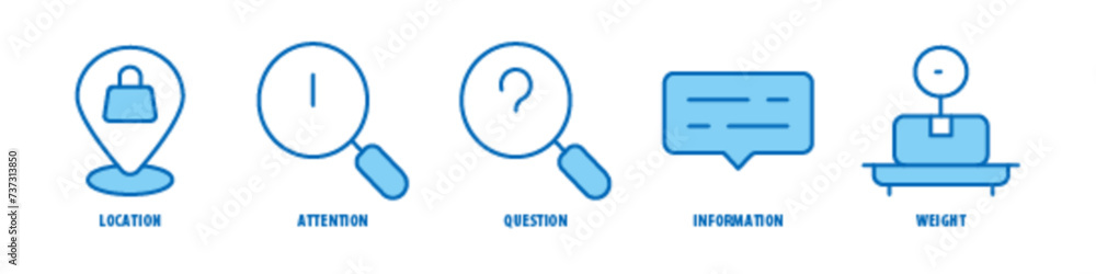 Weight, Information, Question, Attention, Location editable stroke outline icons set isolated on white background flat vector illustration. Weight, Information, Question, Attention, Location editable stroke outline icons set isolated on white background flat vector illustration.
