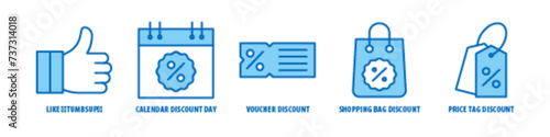 Price tag, Discount, Shopping bag, Discount, Voucher, Discount, Calendar, Discount day, Like (thumbs up) editable stroke outline icons set isolated on white background flat vector illustration.