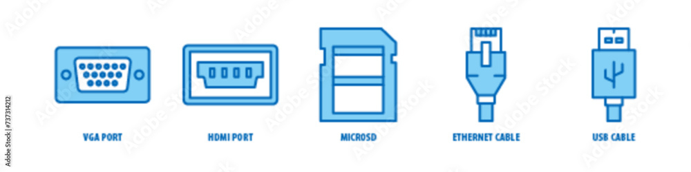 USB Cable, Ethernet Cable, MicroSD, HDMI Port, VGA Port editable stroke outline icons set isolated on white background flat vector illustration. USB Cable, Ethernet Cable, MicroSD, HDMI Port, VGA Port editable stroke outline icons set isolated on white background flat vector illustration.
